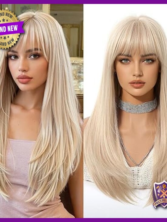 Long Straight Layered Human Hair Wig with Bangs Lightweight Breathable Cap